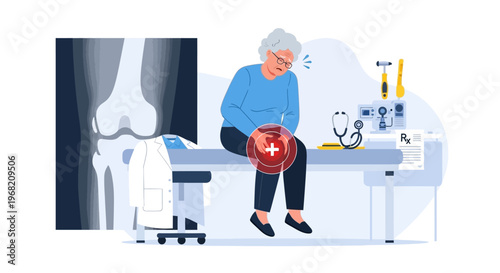 Elderly woman with knee pain at doctor's office, X-ray and medical equipment