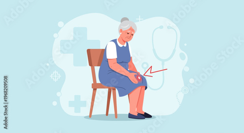 Elderly woman with knee pain sitting on chair, medical symbols in background