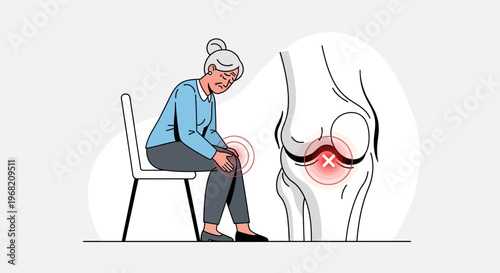 Elderly woman with knee pain, arthritis joint inflammation, senior health problem illustration