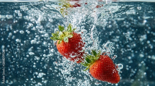 Fresh Strawberries Splashing Into Clear Water With Bubbles and Motion for Healthy Food Concept
