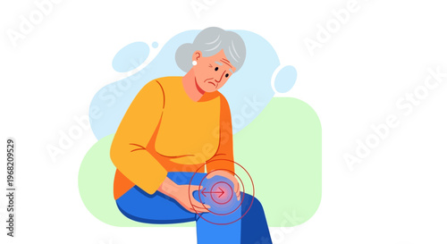 Elderly woman with knee pain, arthritis, joint inflammation, and discomfort illustration