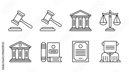 Minimal Gavel Line Icon Set Judge Hammer, Court and Legal Symbols
