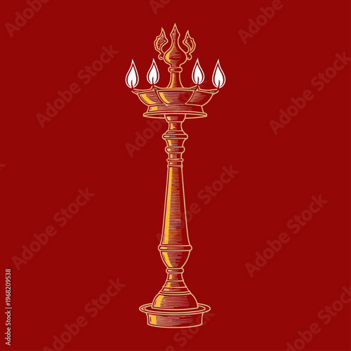 Traditional Sri Lanka Oil Lamp (Pol Thel Pahana) for Sinhala and Tamil New Year, vector illustration of a cultural symbol on a red background.