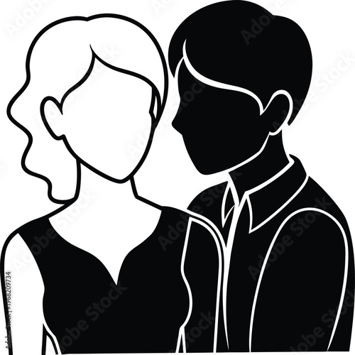 Silhouette of a man whispering to a woman on white background