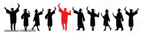 Man wearing graduation cap and gown in red silhouette standing among group of graduate college friends in black silhouettes vector illustration.