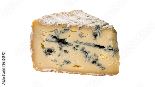 Photography Creamy yellow Roquefort cheese wedge with characteristic blue mold veins, isolat