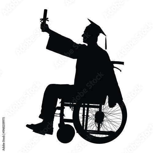 Proud man with disability sitting in wheelchair wearing cap and gown holding diploma on graduation day side view silhouette vector illustration.