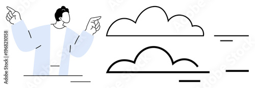 Cloud technology concept. Cloud symbols connectivity and innovation while a person gestures emphasizing interaction. Ideal for tech, networking, storage, and innovation