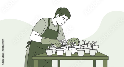 Gardener planting seedlings in pots, close-up, gardening hobby illustration