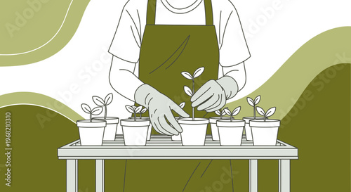Gardener planting seedlings in pots, line art style with green abstract background