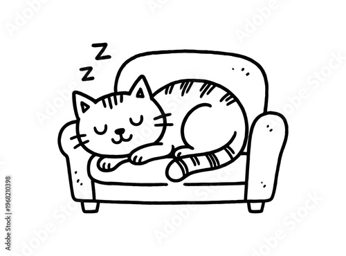 Sleeping cat on armchair doodle. cat, sleeping, nap, sofa, cushion, cozy, pet, kitten, restful, zzz. flat vector illustration.