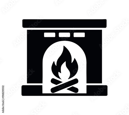 Fireplace icon. flame in arched hearth with logs and mantel, warmth, hearth, home heating, cozy living room. flat vector illustration isolated on white background.