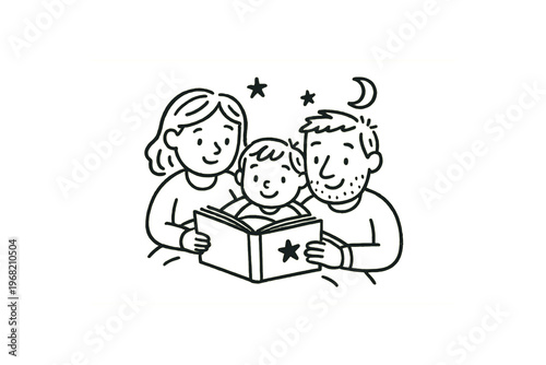 Parents reading bedtime story to child with moon and stars. family, bedtime, book, night, storytime, parent, mother, father, toddler, bonding. flat vector illustration.