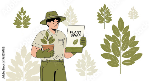 Gardener Holding Potted Plant and "Plant Swap" Sign amidst Foliage