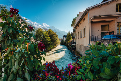 French alps alpine ski resort with river flowing and flower blooming in Chamonix Mont Blanc