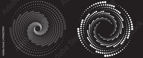 Set of speed lines in circle form. Radial speed Lines in Circle Form for comic books. Technology round Logo. Black thick halftone dotted speed lines.