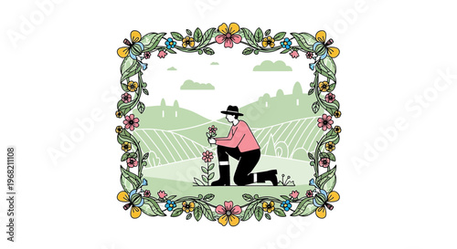 Gardener Kneeling in Floral Frame, Planting Flower in Rolling Hills Landscape
