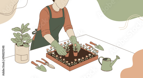 Gardener planting flowers in raised garden bed, surrounded by tools and plants