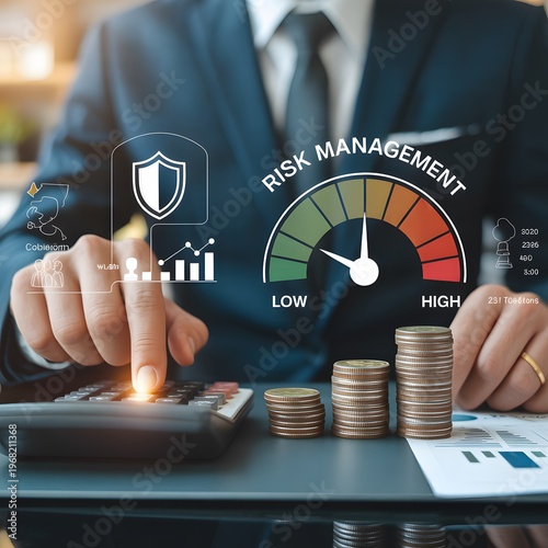 A businessman analyzes risk management data displayed digitally alongside financial elements like coins and a calculator