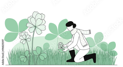 Gardener planting flowers in spring with lush green foliage and blooming plants