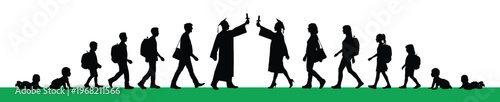 Silhouettes set of human man and woman education stages from baby to graduate side view characters walking in row flat infographic vector illustration.