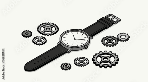 Watch with gears and leather strap.