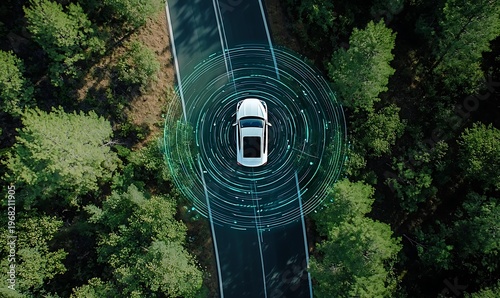 Autonomous vehicle driving on forest road with radar sensor technology scanning environment.