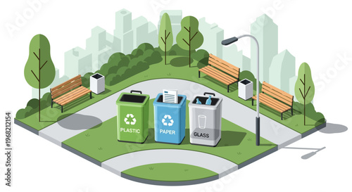 Recycling bins on green park area.