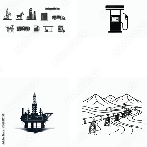Black and white illustrations of oil and gas industry and transportation infrastructure