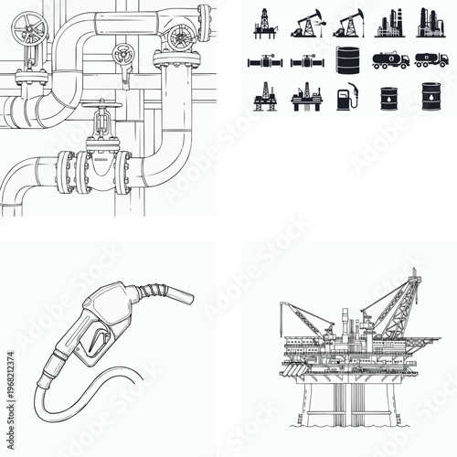 Industrial oil and gas equipment illustrations including pipelines and offshore rigs
