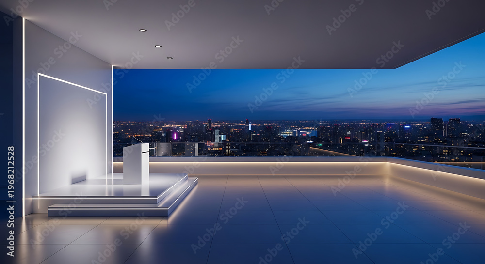 Obraz premium Modern rooftop terrace with city skyline at dusk illuminated by ambient lights and architectural lighting