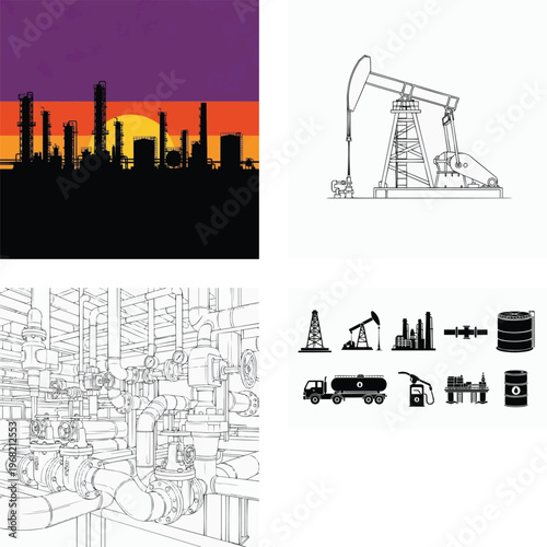 Industrial oil and gas infrastructure and equipment at sunset  factories and pumps