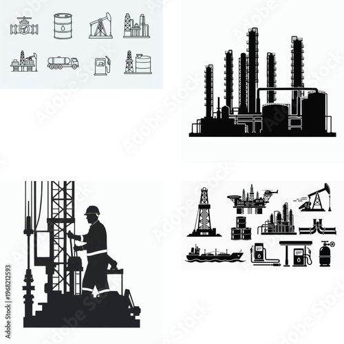 Industrial oil and gas production icons and silhouettes with drilling rigs and refineries