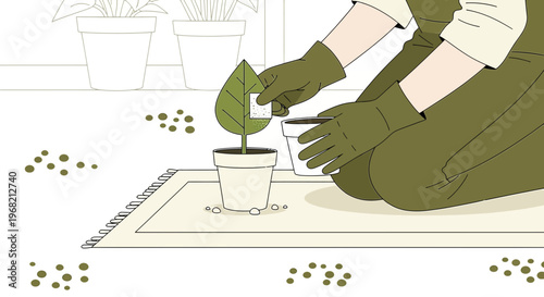 Gardener tending to potted plant, concept of nurturing and plant care