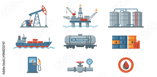 Oil Industry Elements: A compilation of essential elements related to the oil industry, from extraction and storage to transportation and distribution. A clear representation of the processes.