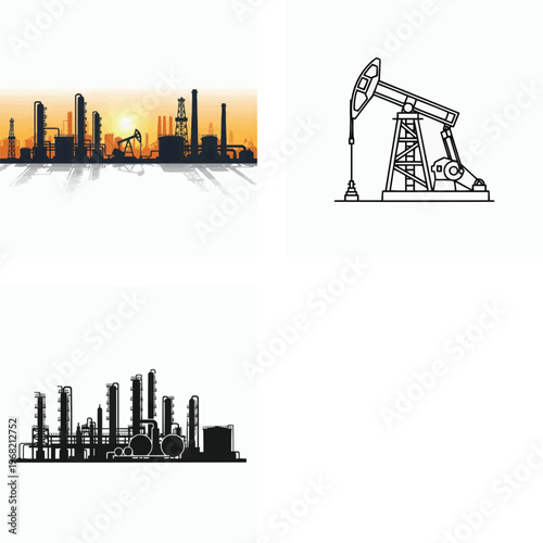 Industrial oil refinery factory and pumpjack at sunset  industrial landscape