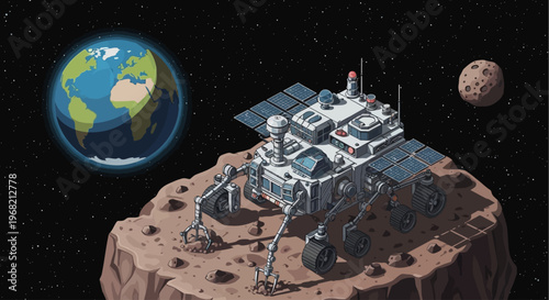 Spacecraft on a rocky planetary surface.