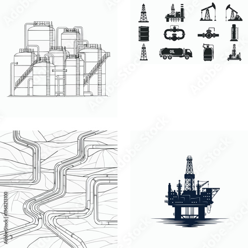 Oil and gas industry infrastructure and equipment illustrations  refineries  pipelines  rigs