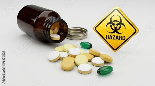 biohazard hazard pills medication drug pharmacy medical concept showing toxicity risks and health warning with spilled capsules from a bottle on a clean white background.
