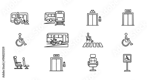 Public transport and accessibility icons with wheelchair ramp elevator and pedestrian crossing vector