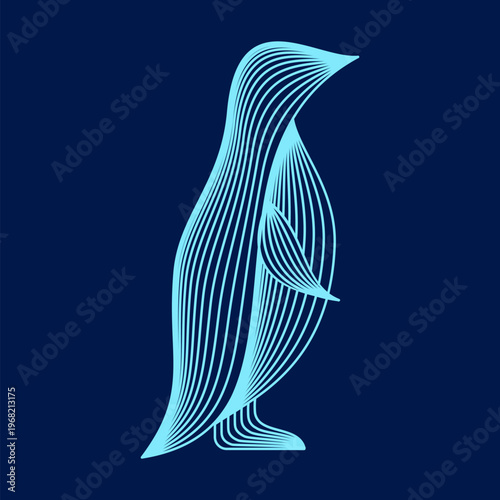 Penguin wireframe line art. Abstract antarctic bird made of curved lines. Vector illustration. For polar themes, environment awareness, conservation graphics, logos, modern design. Blue background.