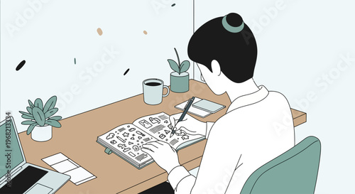 Woman sitting at desk with crossword.