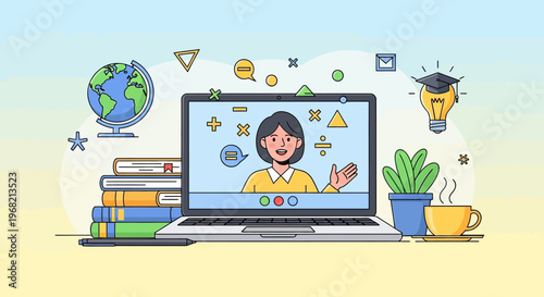 Young woman on laptop screen online.