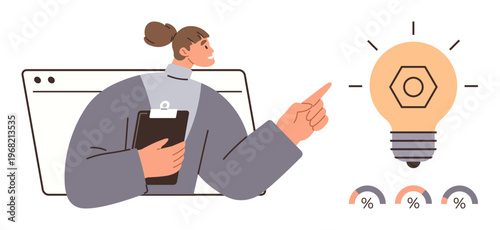 Innovation, business growth, idea generation, productivity, strategic planning, creative solutions. Woman with clipboard gestures towards illuminated light bulb with percentages. Innovation