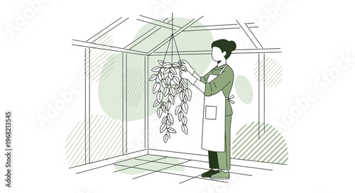 Gardener tending hanging plant in greenhouse, line art illustration, green accents