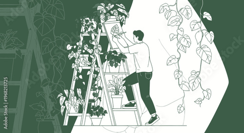 Gardener Tending Plants on Ladder, Urban Jungle, Botanical Illustration