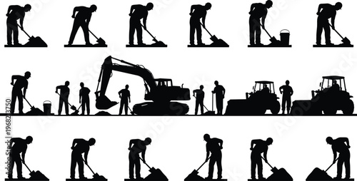 Silhouettes of construction workers and heavy machinery, vector illustration showing manual labor, excavation tasks, teamwork, and industrial equipment for building and engineering projects