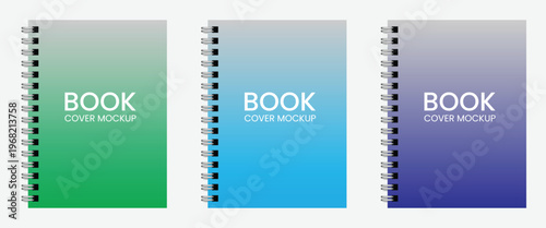 Book cover mockup set with spiral wire binding and green blue purple gradient colors for journal catalog or notebook presentation vector illustration