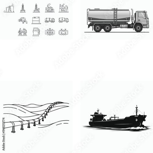 Oil industry transportation and infrastructure icons and vehicles collection