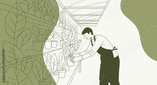 Gardener Tending Potted Plants in Greenhouse, Botanical Illustration Style